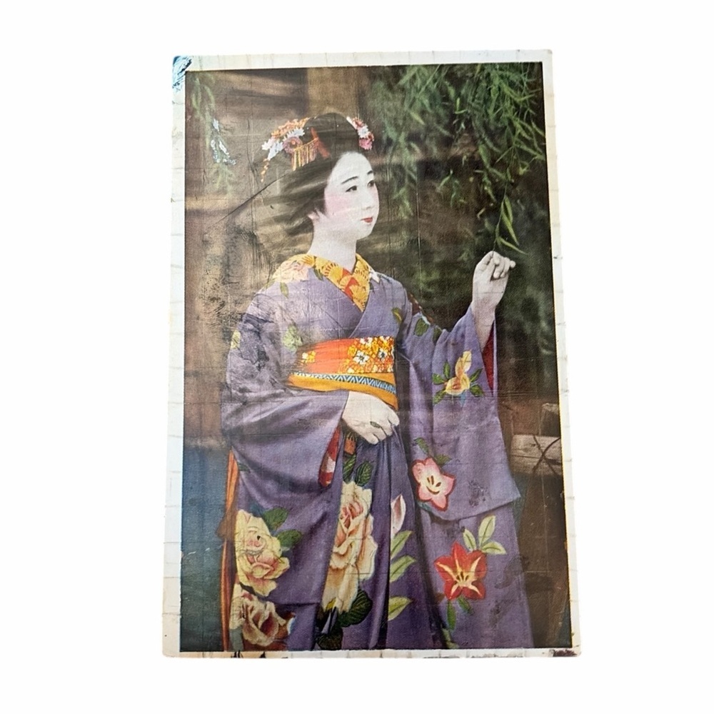 Vintage Japanese Geisha Postcard Purple Kimono Floral Asian Art